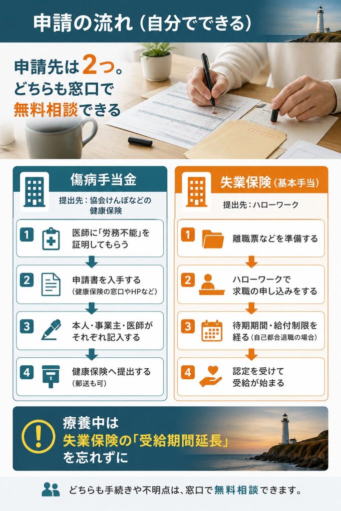 失業保険と傷病手当金の申請の流れと申請先を示した図