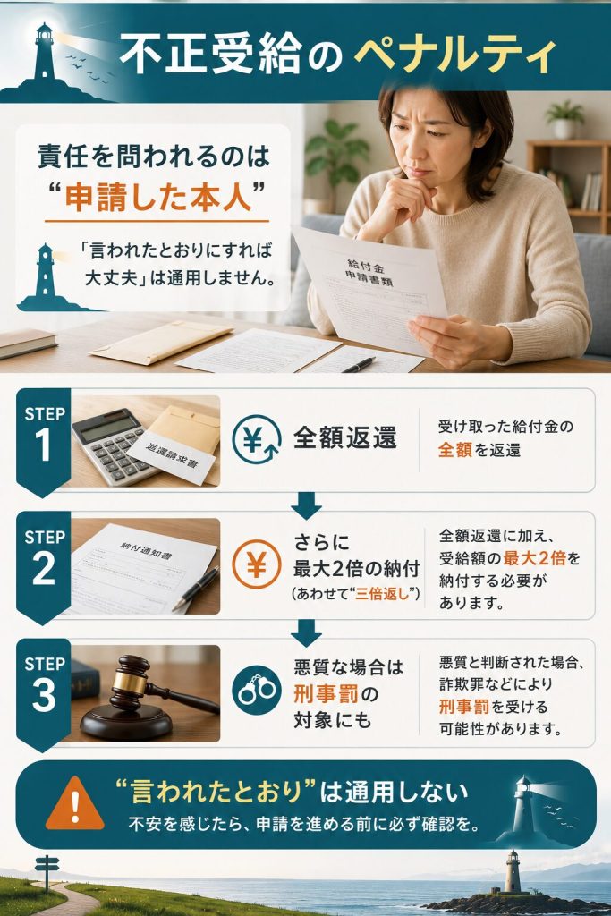 失業保険の不正受給のペナルティと本人責任を示した図