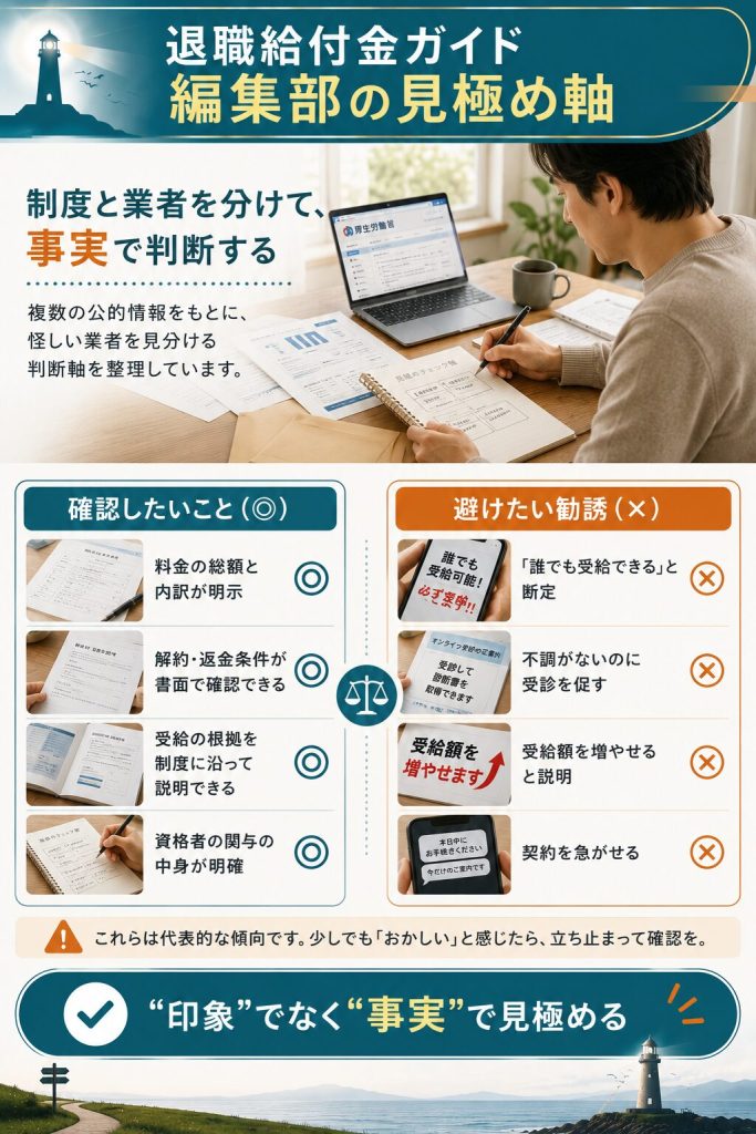 怪しい申請サポートを見分ける判断軸を整理した図