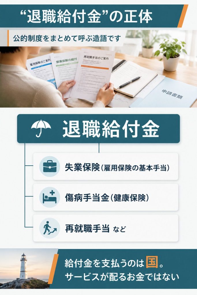 「退職給付金」は造語で実態は失業保険などと示す図