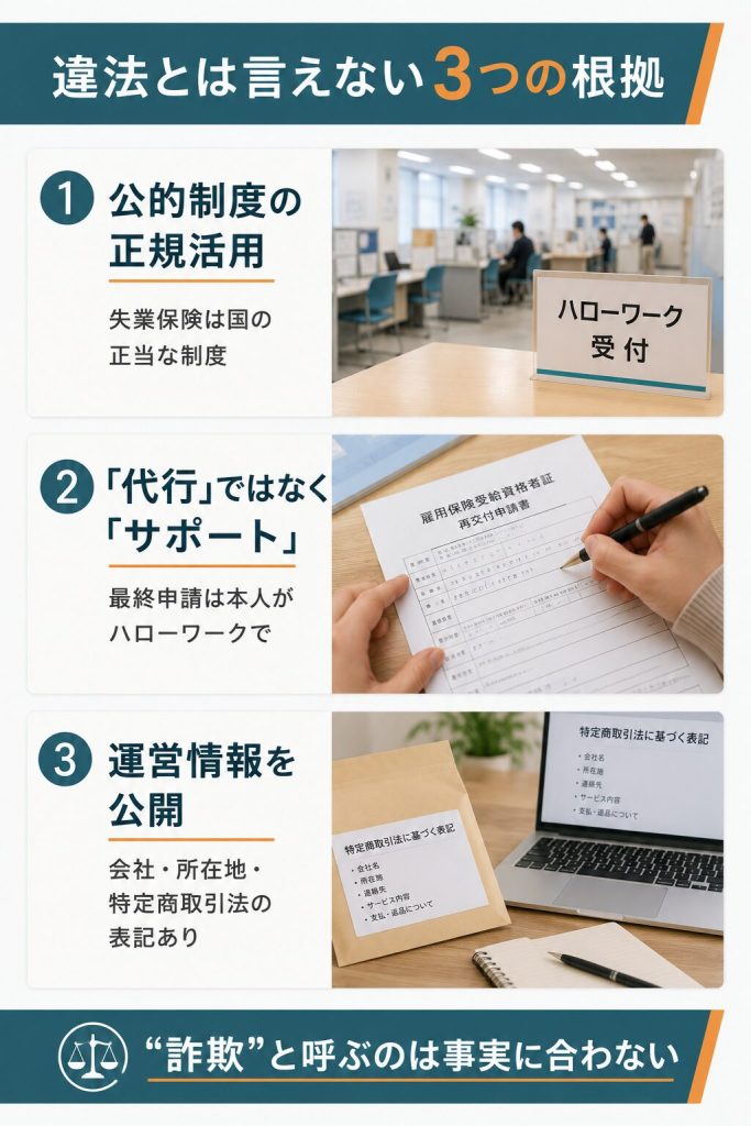 退職サポーターズが違法と言えない3つの根拠の図