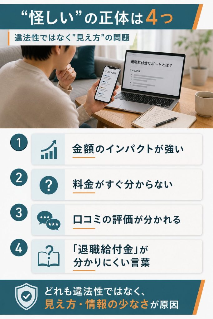 詐欺・怪しいと言われる4つの理由を整理した図