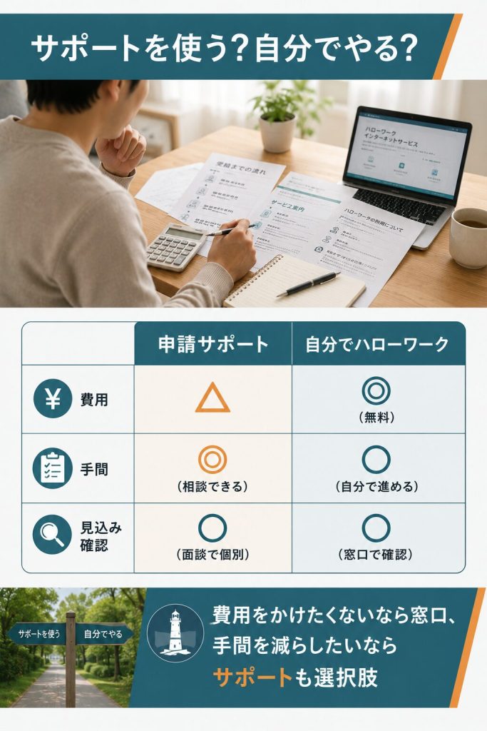 申請サポートとハローワーク無料相談を比較した図