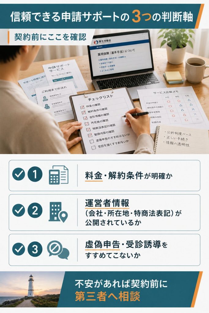 信頼できる申請サポートを見分ける判断軸の図