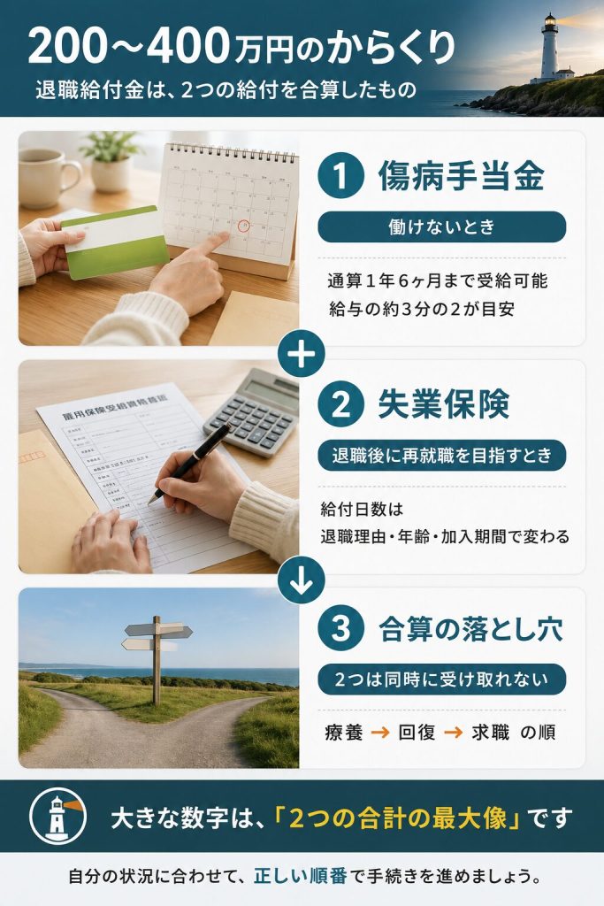 200〜400万円のからくりを傷病手当金と失業保険に分解した図