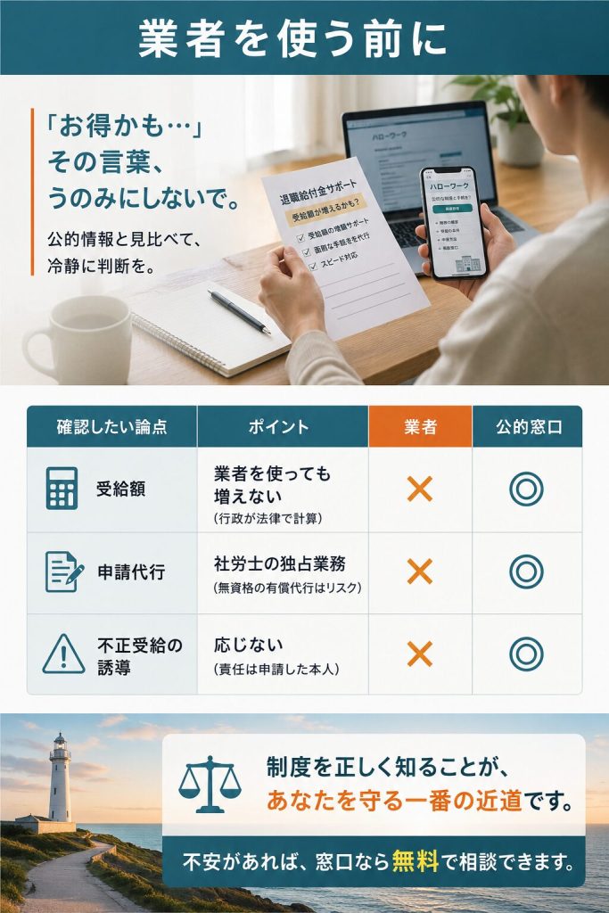 申請サポート業者を使う前の注意点を整理した図