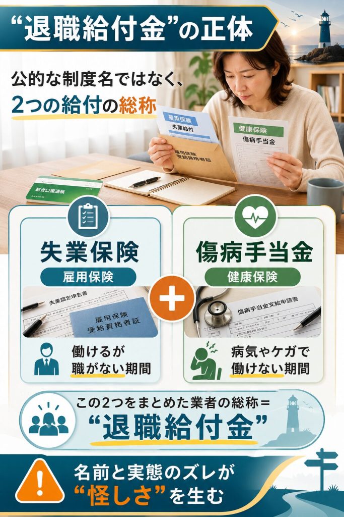 退職給付金の正体は失業保険と傷病手当金の総称だと示す図