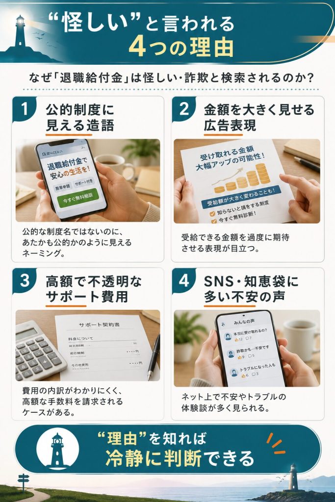 退職給付金が怪しいと言われる4つの理由を整理した図