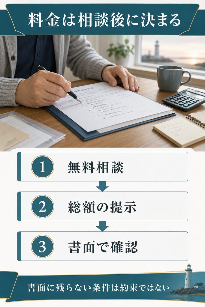 料金が相談後に決まる流れと確認の順番を示した図