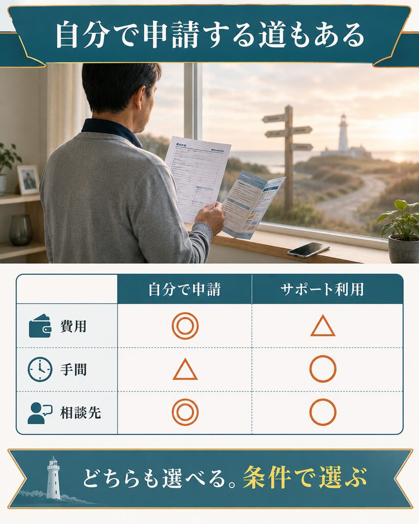 自分で申請する場合とサポート利用を並べた比較表
