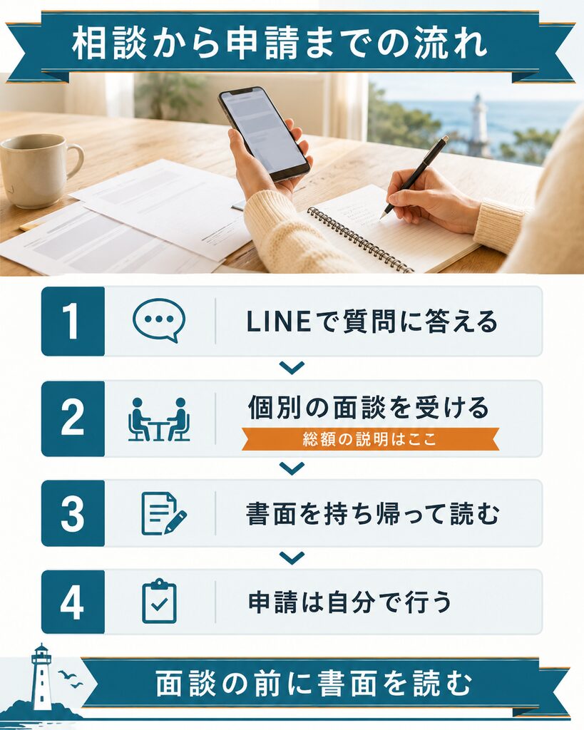 退職スマイルのLINE相談から申請までの流れを4段階で示した図