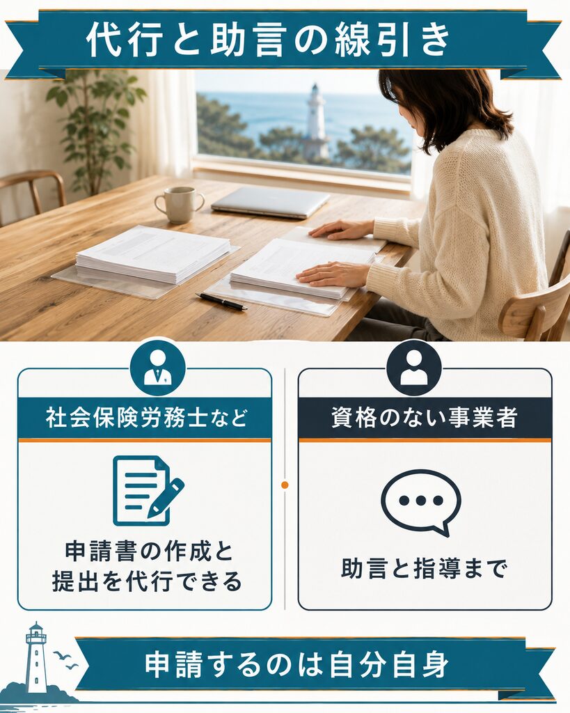 社労士による代行と資格のない事業者の助言の違いを示した比較図