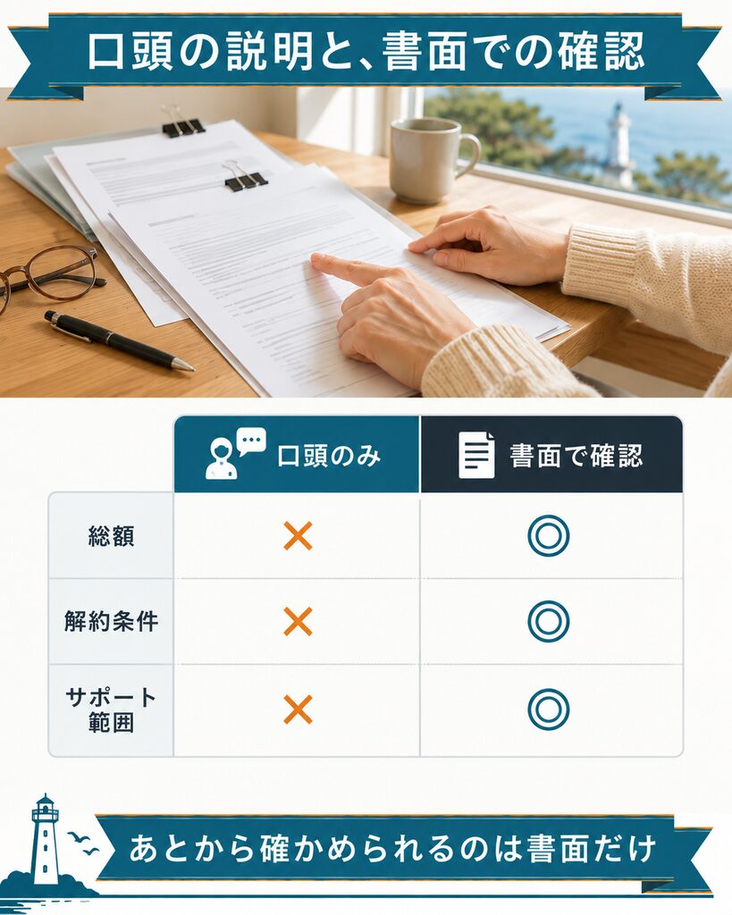 退職スマイルの契約前に確認したい3項目を口頭と書面で比べた図