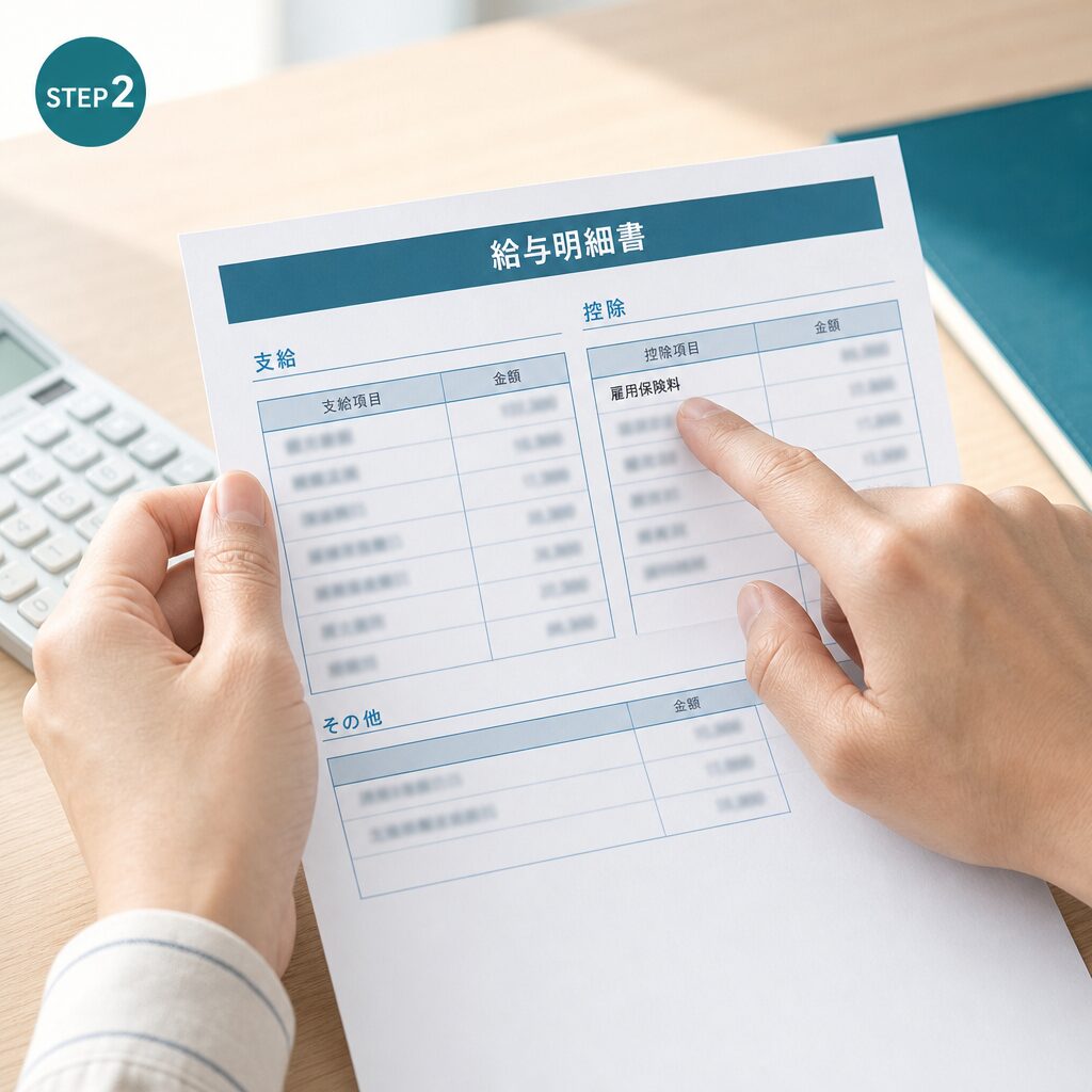 給与明細の雇用保険料控除欄を見るようす