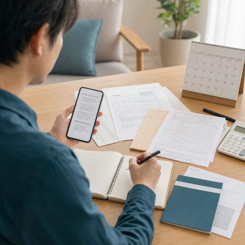 自宅でスマートフォンを見ながら対象になりそうな給付金を確認する手元