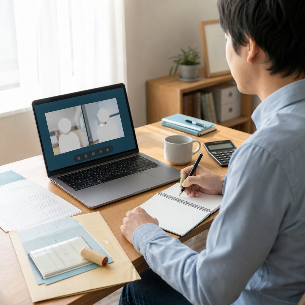 オンライン面談画面を見ながらメモを取る手元